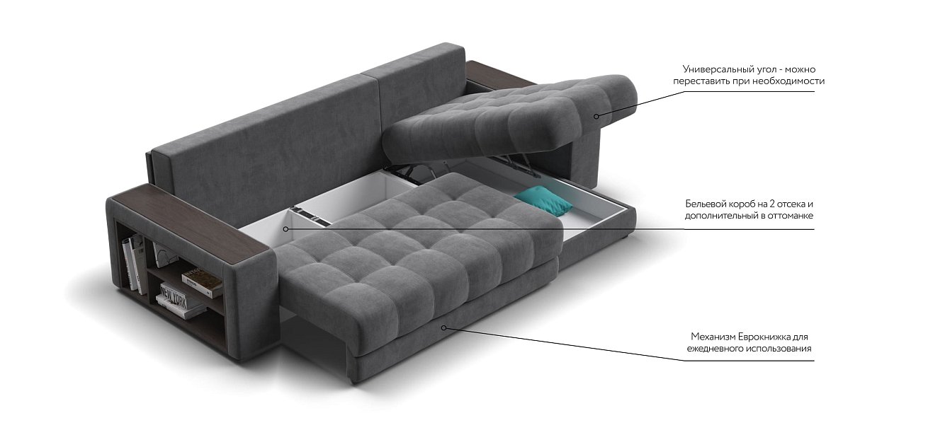 Угловой диван BOSS 3.0 XL велюр Monolit серый — купить в Озерце