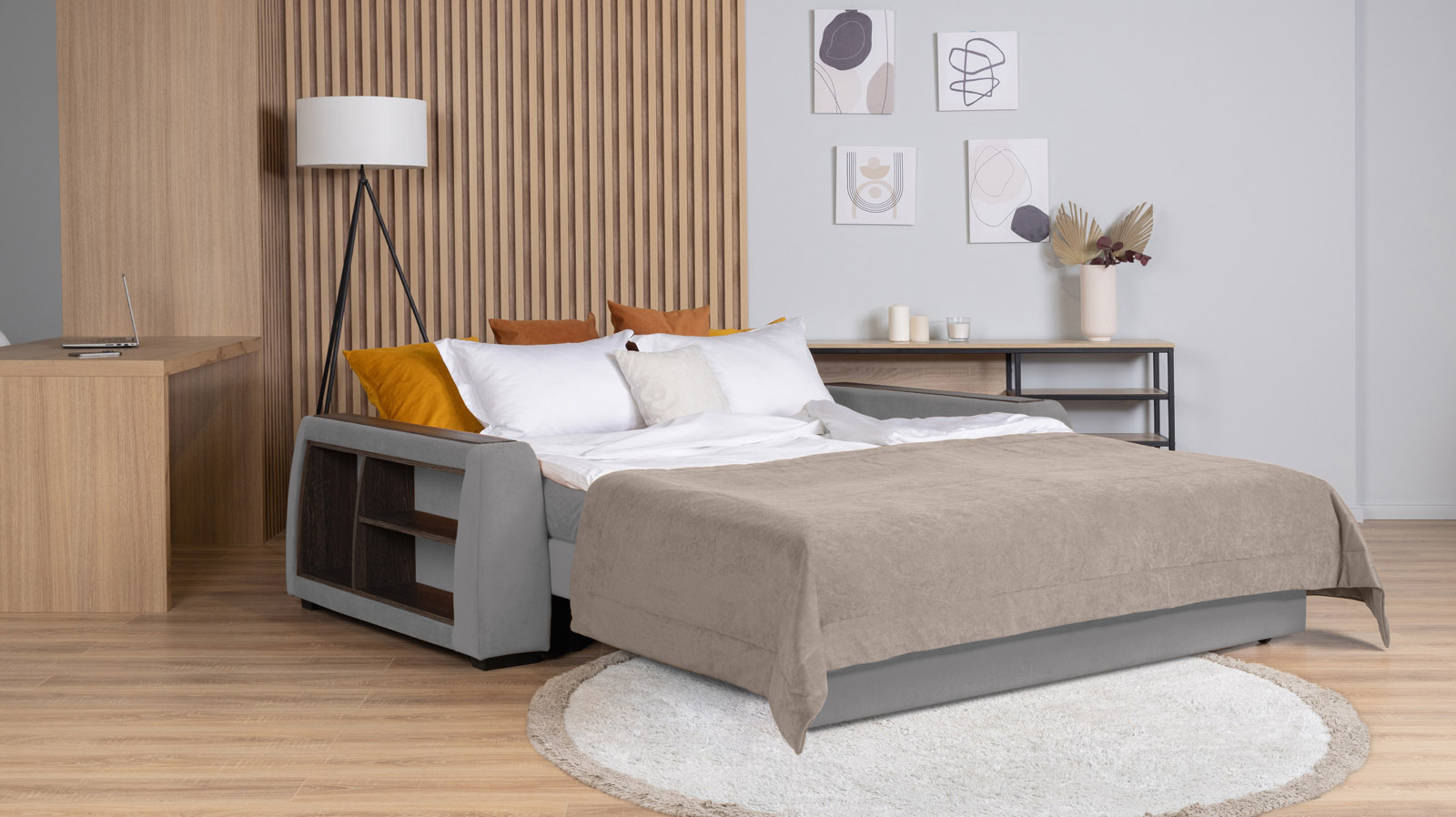 Диван - кровать Domo Pro с полками цвета венге, стежка квадрат, ткань Sky Velvet 08 160x216 — в мебель-центре Озерцо