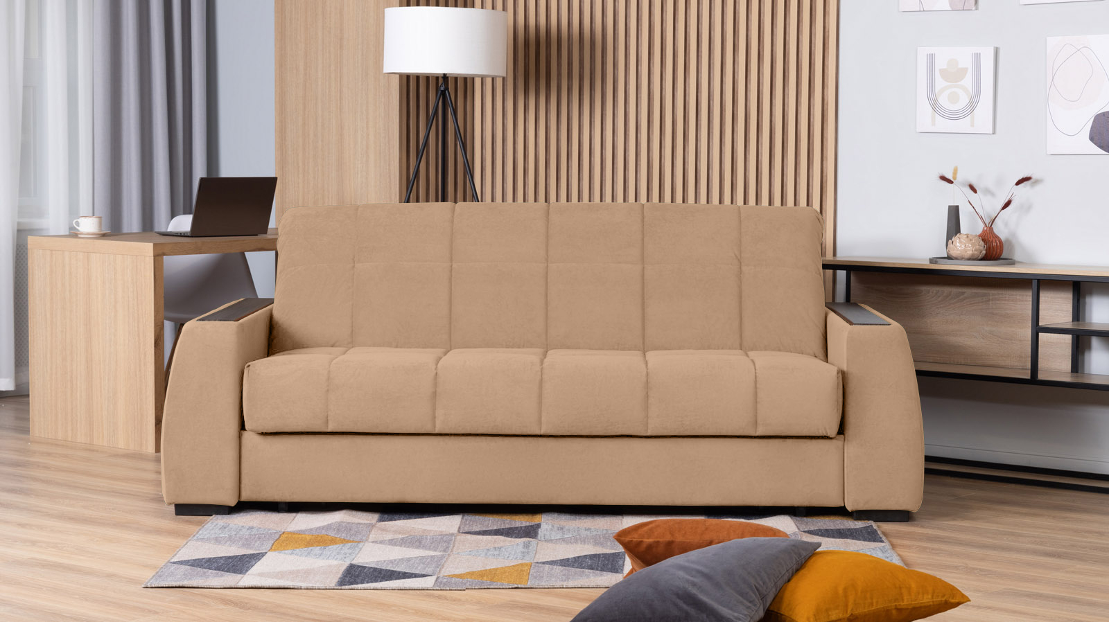 Диван - кровать Domo Pro с полками цвета венге, стежка квадрат, ткань Casanova Beige 140x216 — в мебель-центре Озерцо