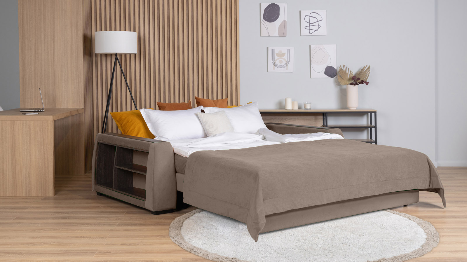 Диван - кровать Domo Pro с полками цвета венге, стежка квадрат, ткань Sky Velvet 17 180x216 — в мебель-центре Озерцо