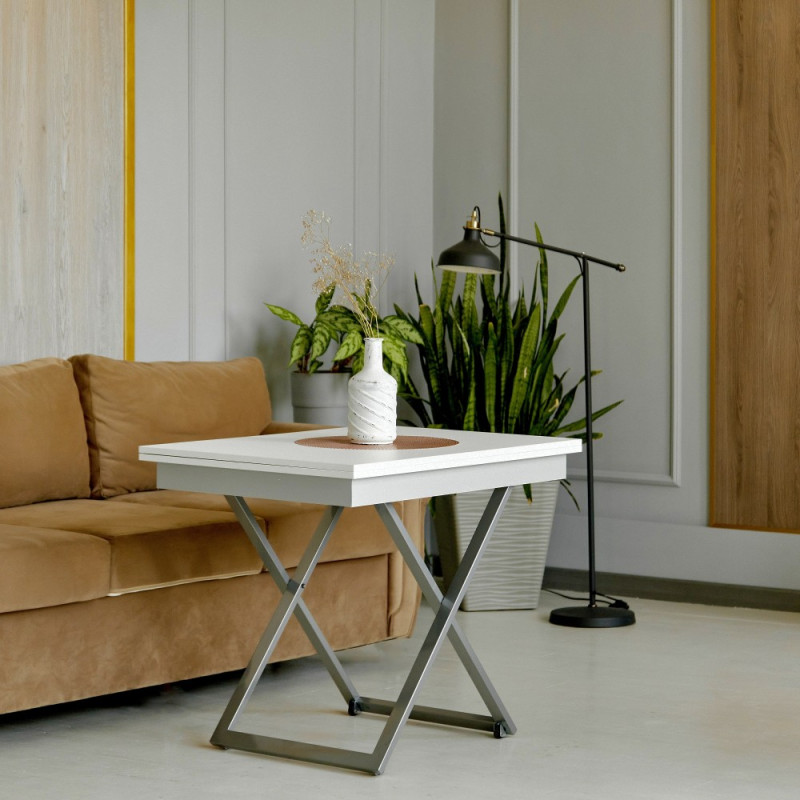 Стол-трансформер APOLLO белый матовый/подстолье серебро - купить в Озерце