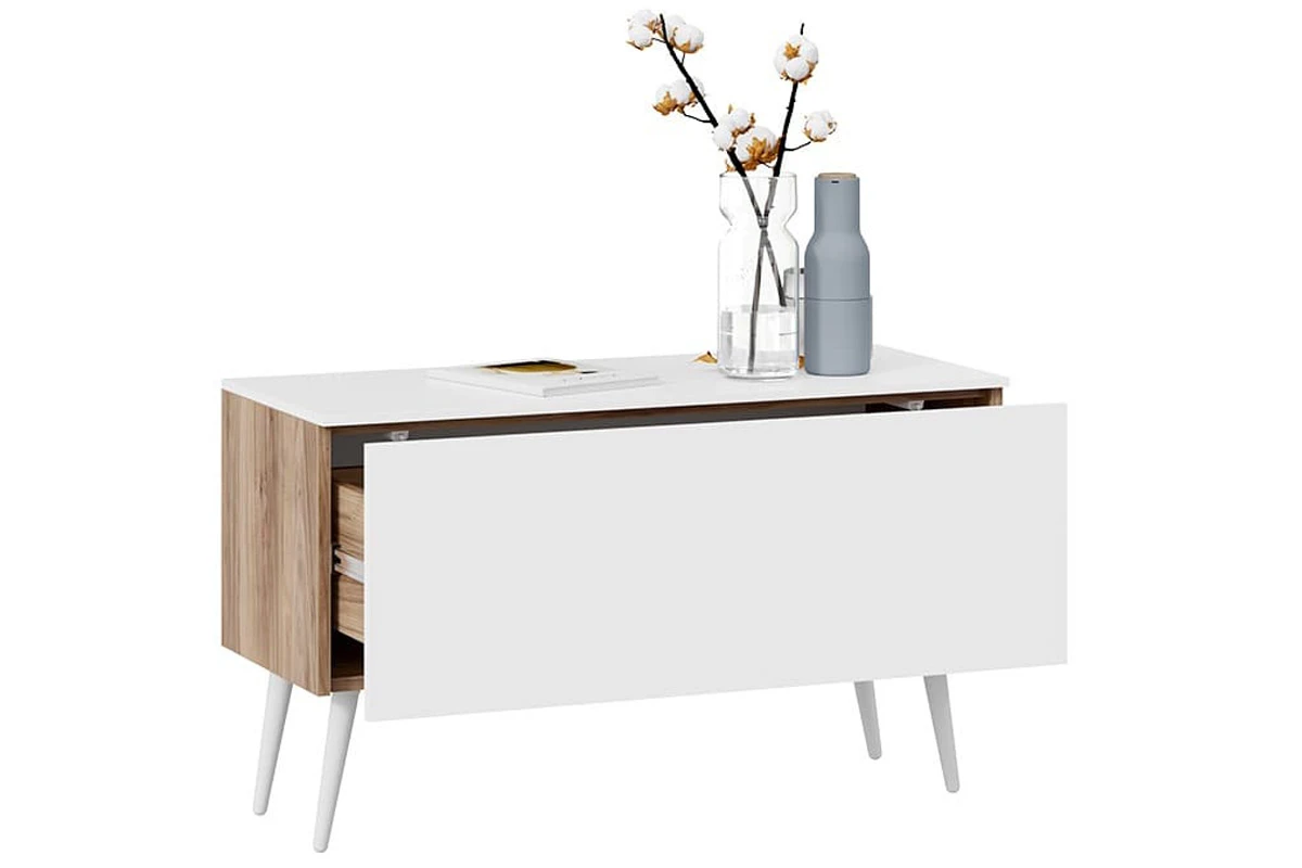 Тумба для теле- и радиоаппаратуры Порто СМ-393.03.012 с опорами (Яблоня Беллуно/Белый софт/Белый) — Мебель-центр Озерцо