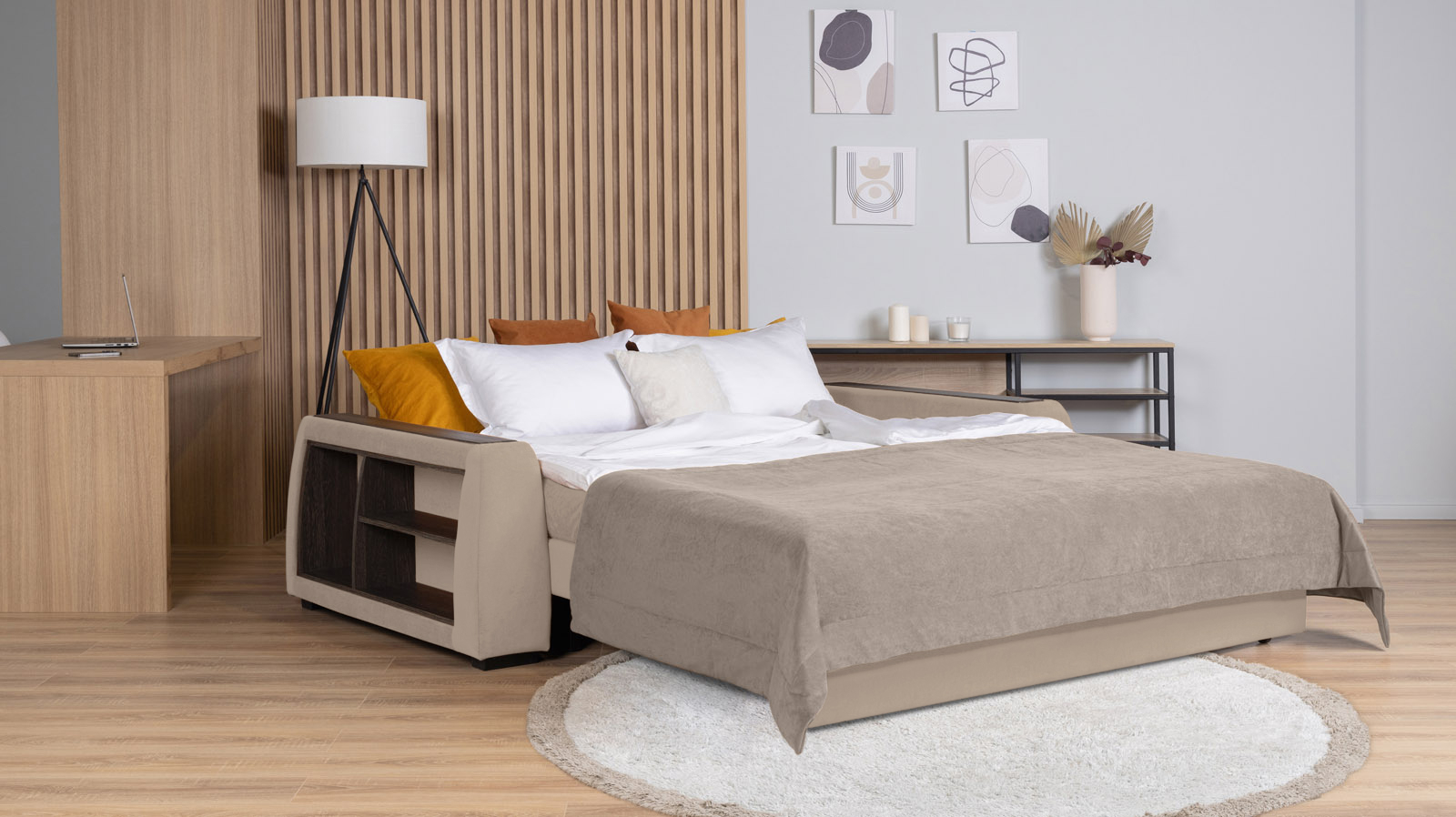 Диван - кровать Domo Pro с полками цвета венге, стежка квадрат, ткань Sky Velvet 03 140x216 — в мебель-центре Озерцо