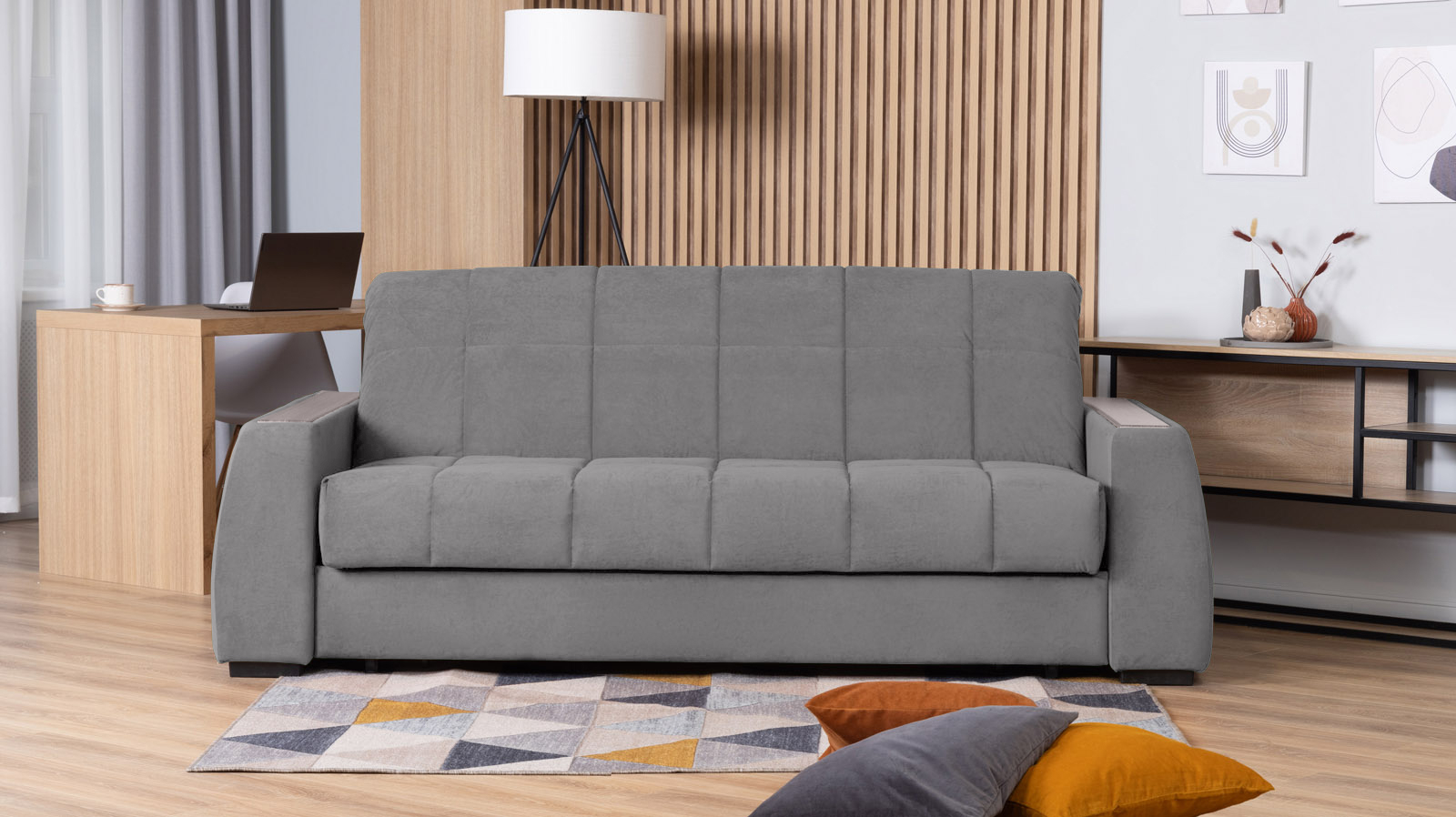 Диван - кровать Domo Pro с полками цвета ясень, стежка квадрат, ткань Sky Velvet 08 140x216 — в мебель-центре Озерцо