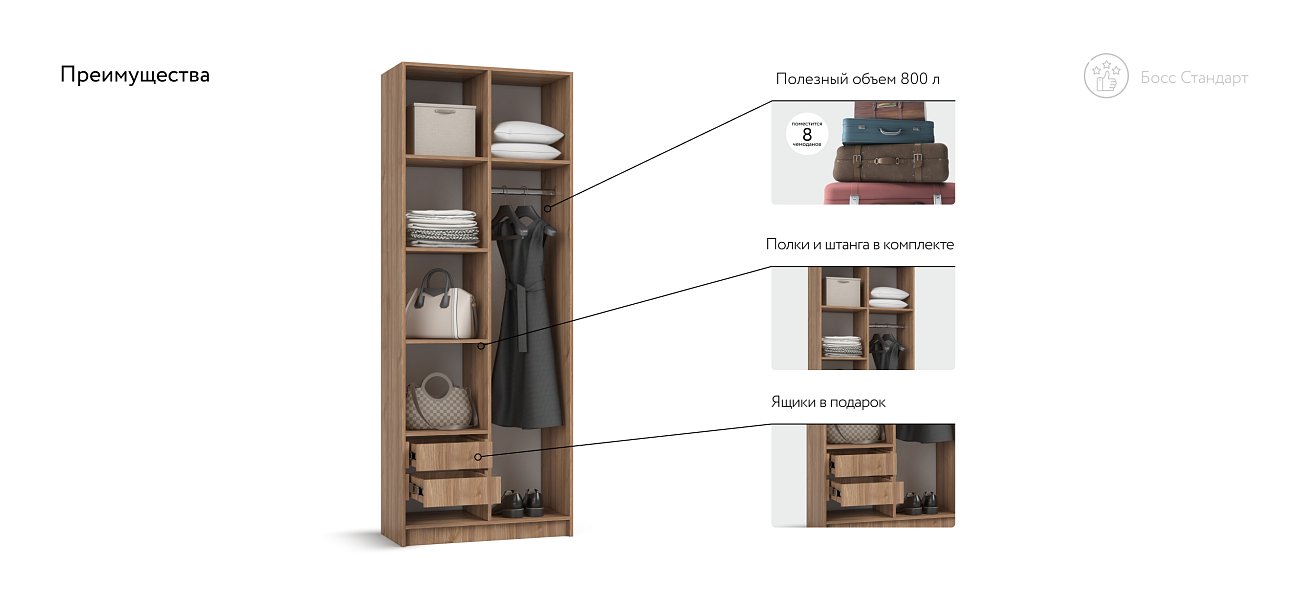 Босс Стандарт 80*220 шкаф распашной 2Д + ящики Орех Селект в мебель-центре Озерцо