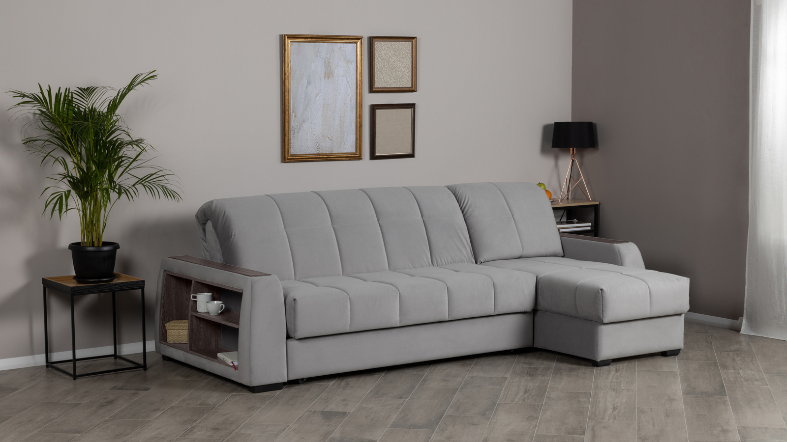 Диван угловой Domo Pro с полками цвета венге, стежка квадрат, ткань Sky Velvet 08 180x216 — купить в Озерце