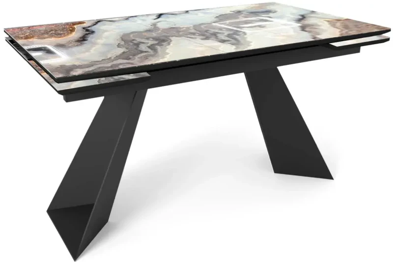 Стол обеденный Купер 1400(2000) (Стекло с фотопечатью Серо-коричневый агат / МДФ Черный кварц / рама черная / металл черный) - купить в Озерце