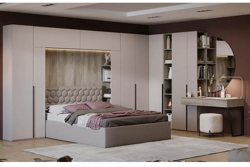 Спальный гарнитур Порто №3 (Кашемир матовый / Кашемир сатин / Велюр Confetti Smoke) - купить в Озерце