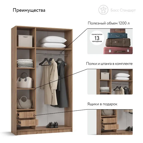 Босс Стандарт 120*220 шкаф распашной 3Д+ящики 01 Орех Селект в мебель-центре Озерцо