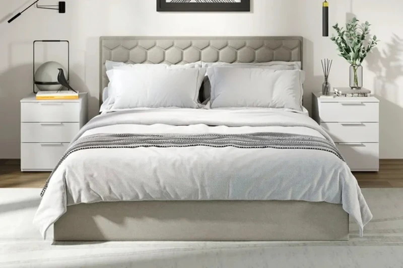 Спальный гарнитур Порто стандартный (Белый жемчуг / Белый софт / Велюр Confetti Smoke) - купить в Озерце