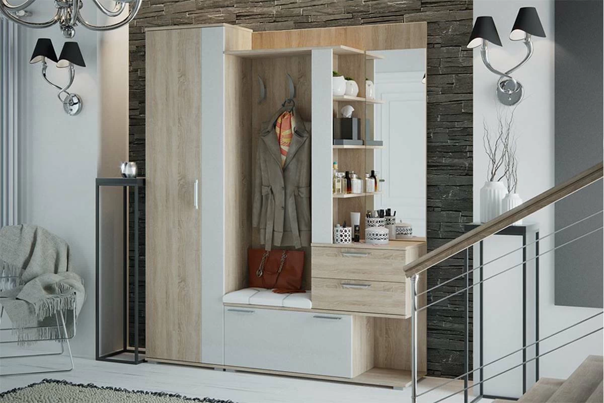 Вешалка комбинированная с крючками и зеркалом Эрика (Дуб Сонома/Белый) — Мебель-центр Озерцо