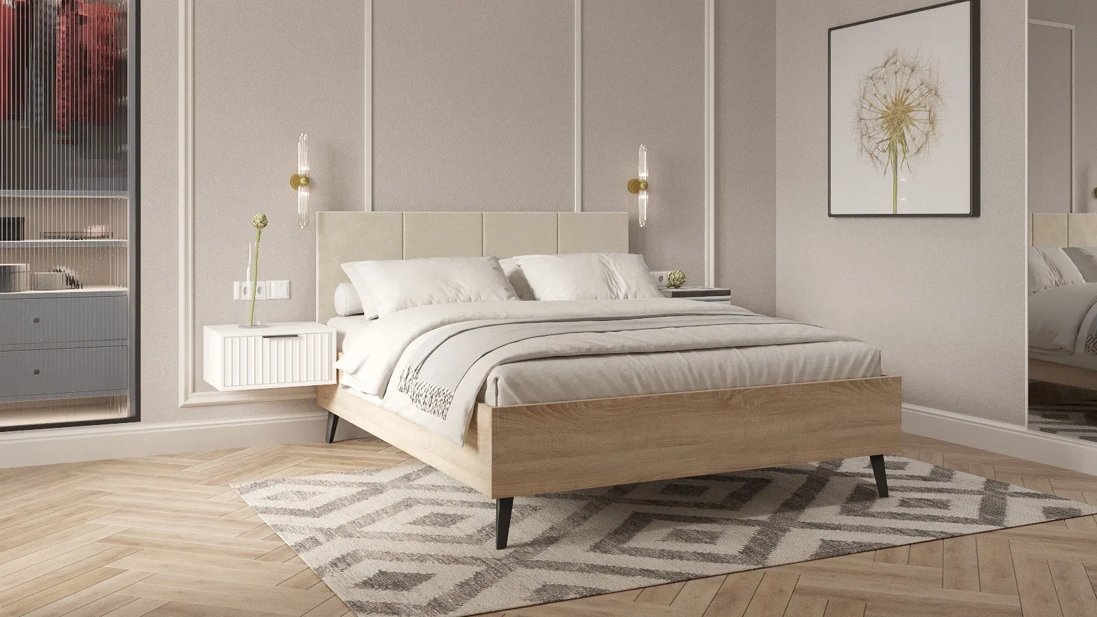 Кровать с подъемным механизмом Nolan, цвет Дуб Бардолино натуральный, ткань Casanova Milk, 180x200 - купить в Озерце