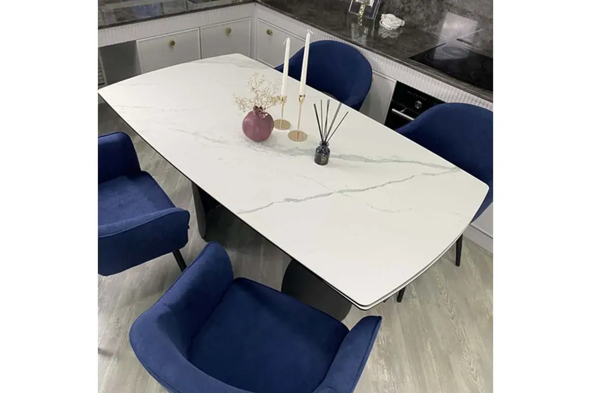 Стол обеденный Ольхон 1800(2400) (Керамика Белый мрамор 9806035/ МДФ Черный кварц / рама черная / металл черный) - купить в Озерце
