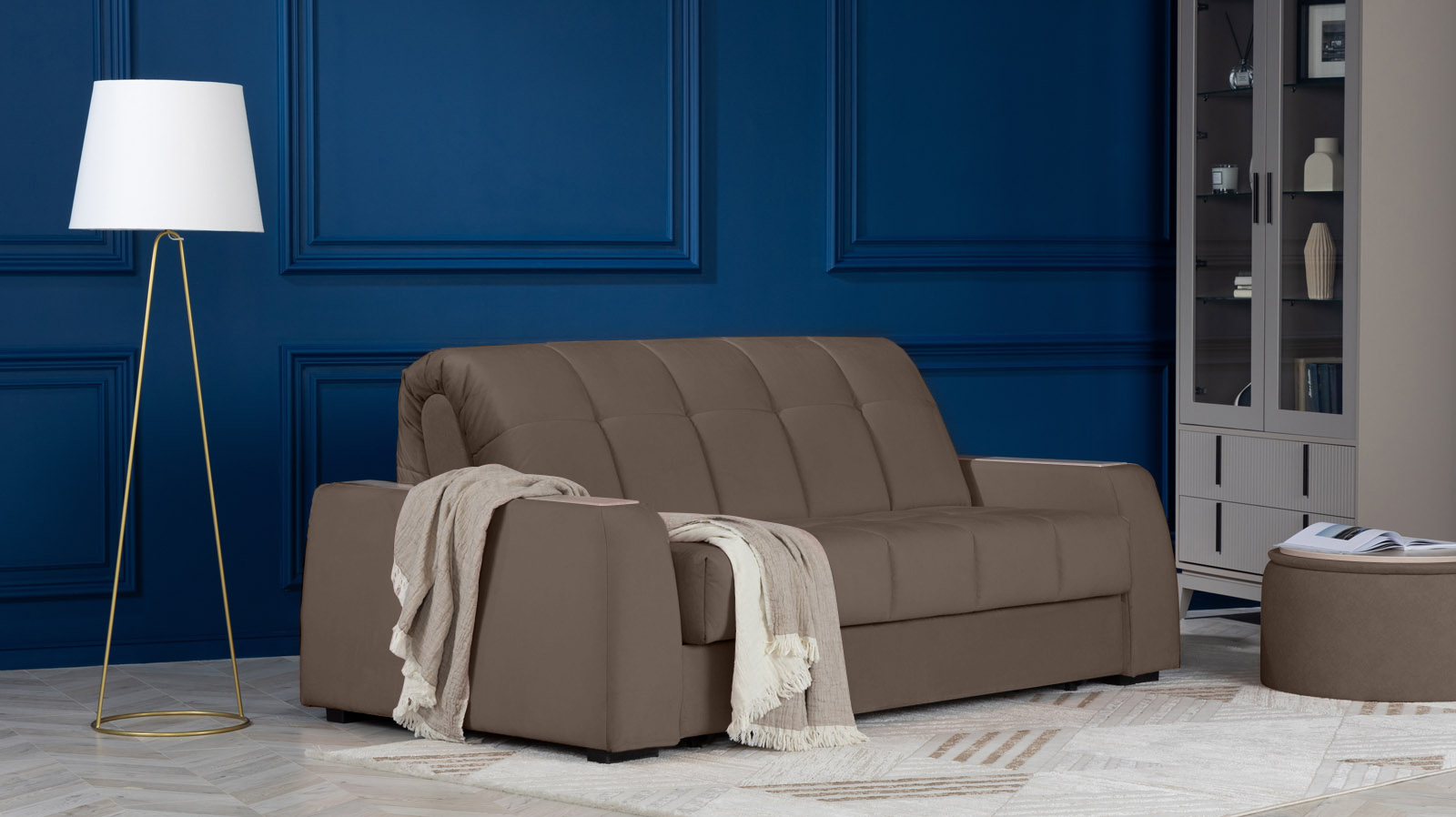 Диван - кровать Domo Pro с накладкой цвета ясень, стежка квадрат, ткань Sky Velvet 02 160x216 — в мебель-центре Озерцо