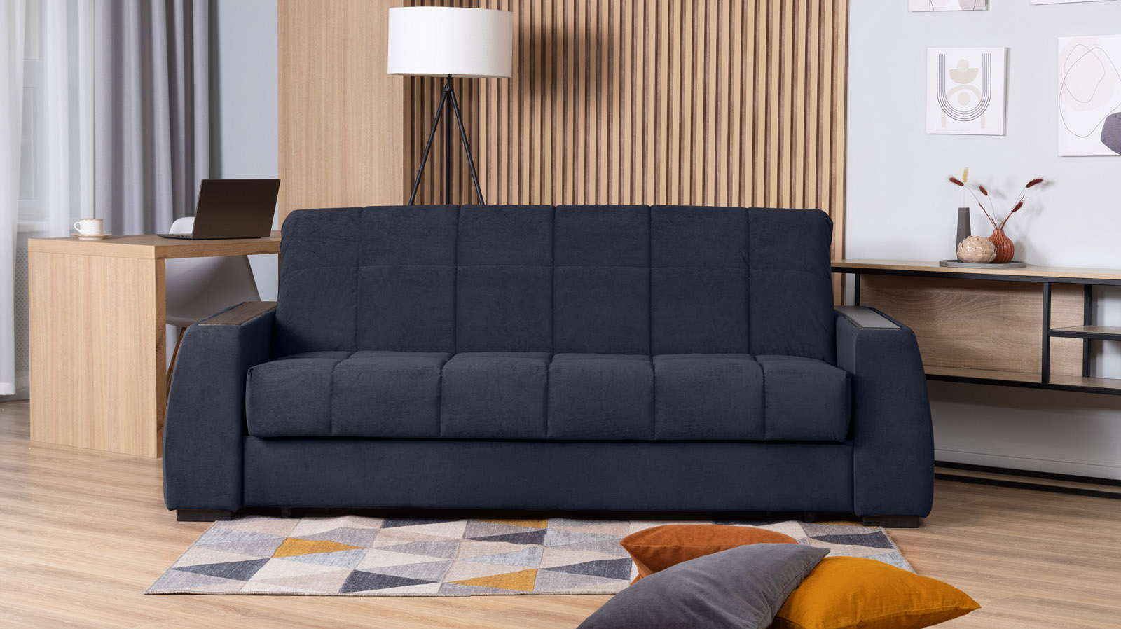 Диван - кровать Domo Pro с полками цвета венге, стежка квадрат, ткань Casanova Scandy 160x216 — в мебель-центре Озерцо