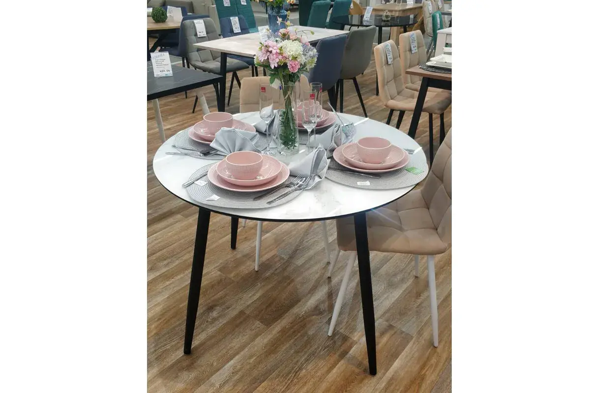 Стол обеденный Милтон 1000 (Стекло с фотопечатью Белый мрамор / МДФ Черный кварц / Металл Черный) - купить в Озерце