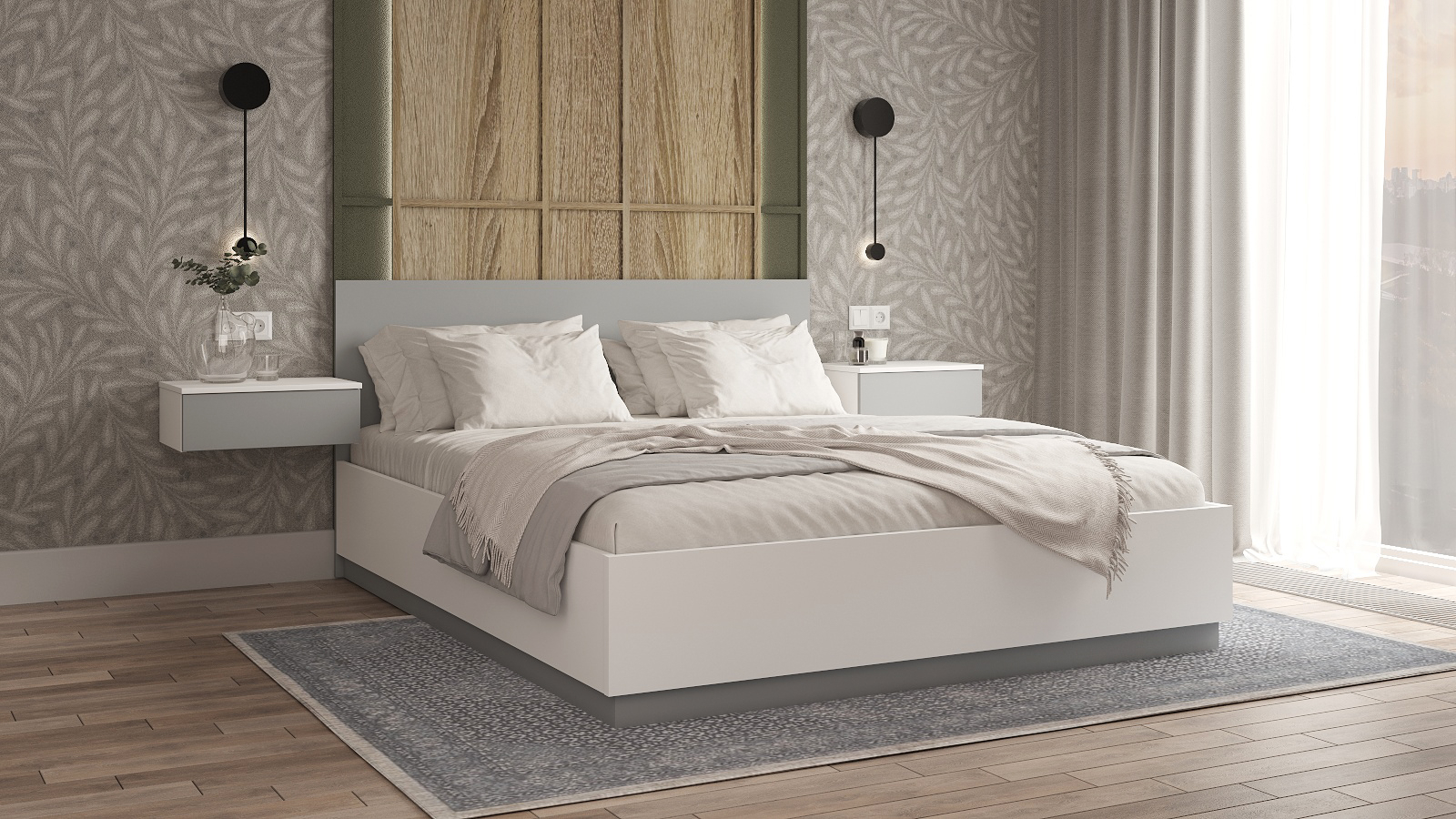 Комплект с подъемным механизмом Twills, цвет белый премиум+арктика серый, 180x200 + Тумба навесная Twills, цвет белый премиум+арктика серый - купить в Озерце