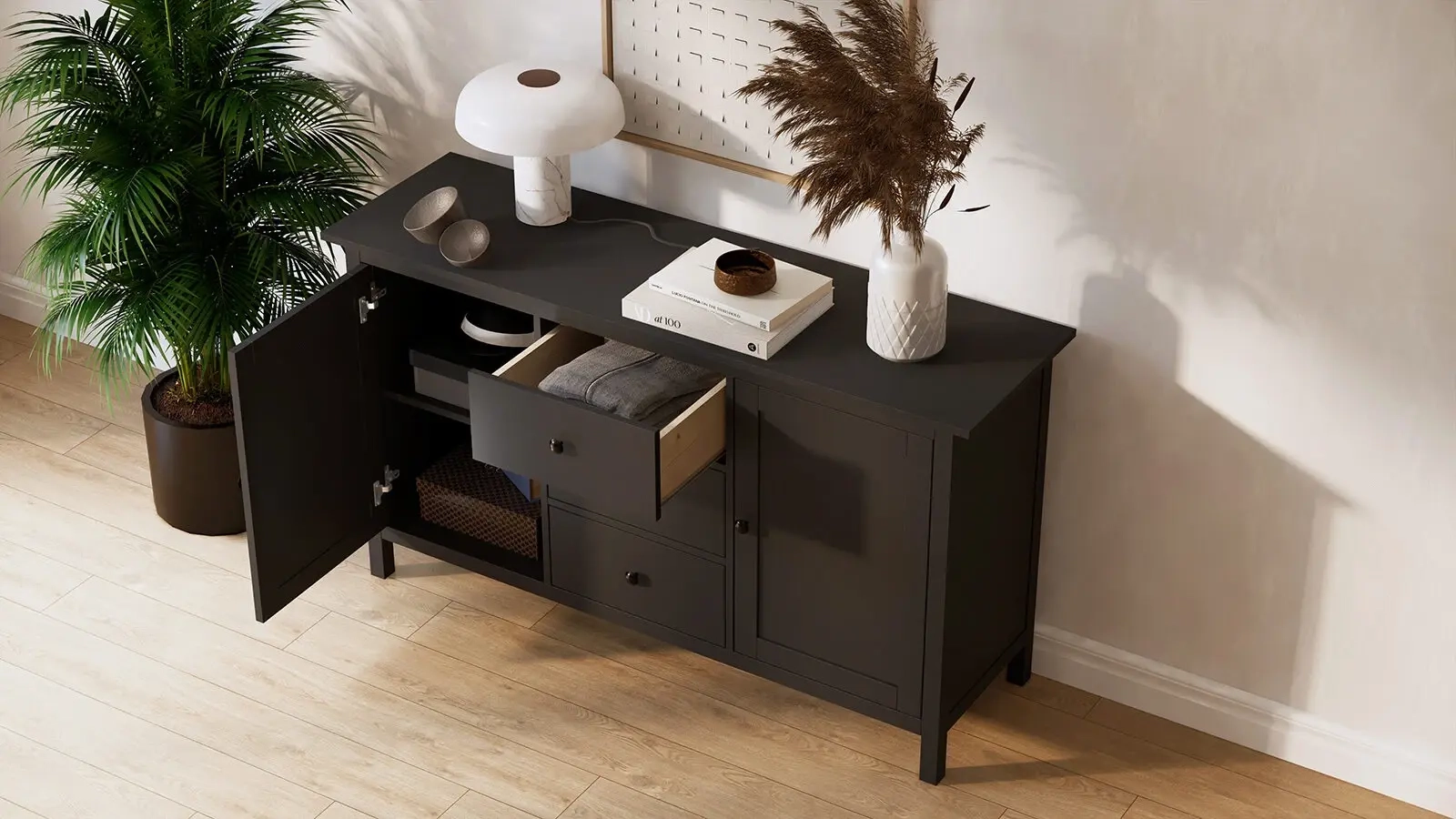 Комод 3 ящика и 2 двери Terek, цвет Черный 47x157 — купить в Озерце