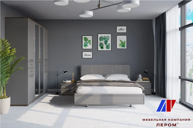 Готовый комплект для спальни СК-1004-ГТ-СО-В (Гикори Джексон Темный/Серый Оникс/Велюр) - купить в Озерце