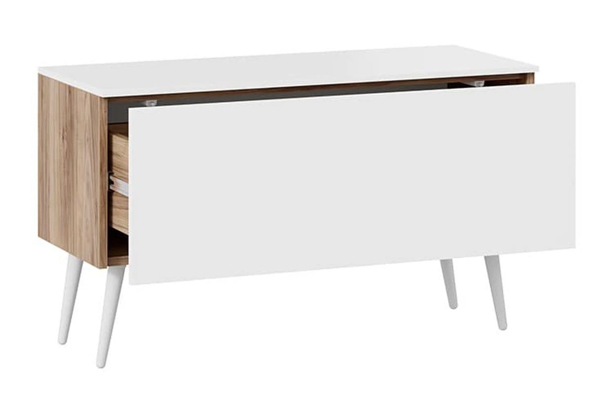 Тумба для теле- и радиоаппаратуры Порто СМ-393.03.012 с опорами (Яблоня Беллуно/Белый софт/Белый) — Мебель-центр Озерцо