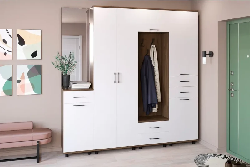 Прихожая Грейс комплект 7 (Гикори Джексон Темный/Белый Бриллиант Глянцевый) — Мебель-центр Озерцо