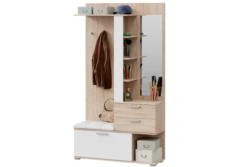 Вешалка комбинированная с крючками и зеркалом Эрика (Дуб Сонома/Белый) — Мебель-центр Озерцо