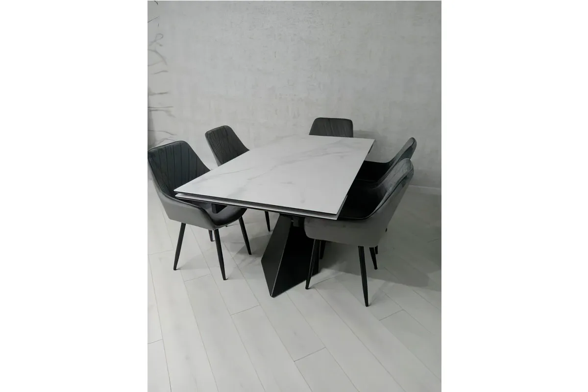 Стол обеденный Марвел 1600(2200) (ст. №2 / Стекло Оптивайт с фотопечатью Белый мрамор/МДФ Черный Кварц/Металл Черный) - купить в Озерце