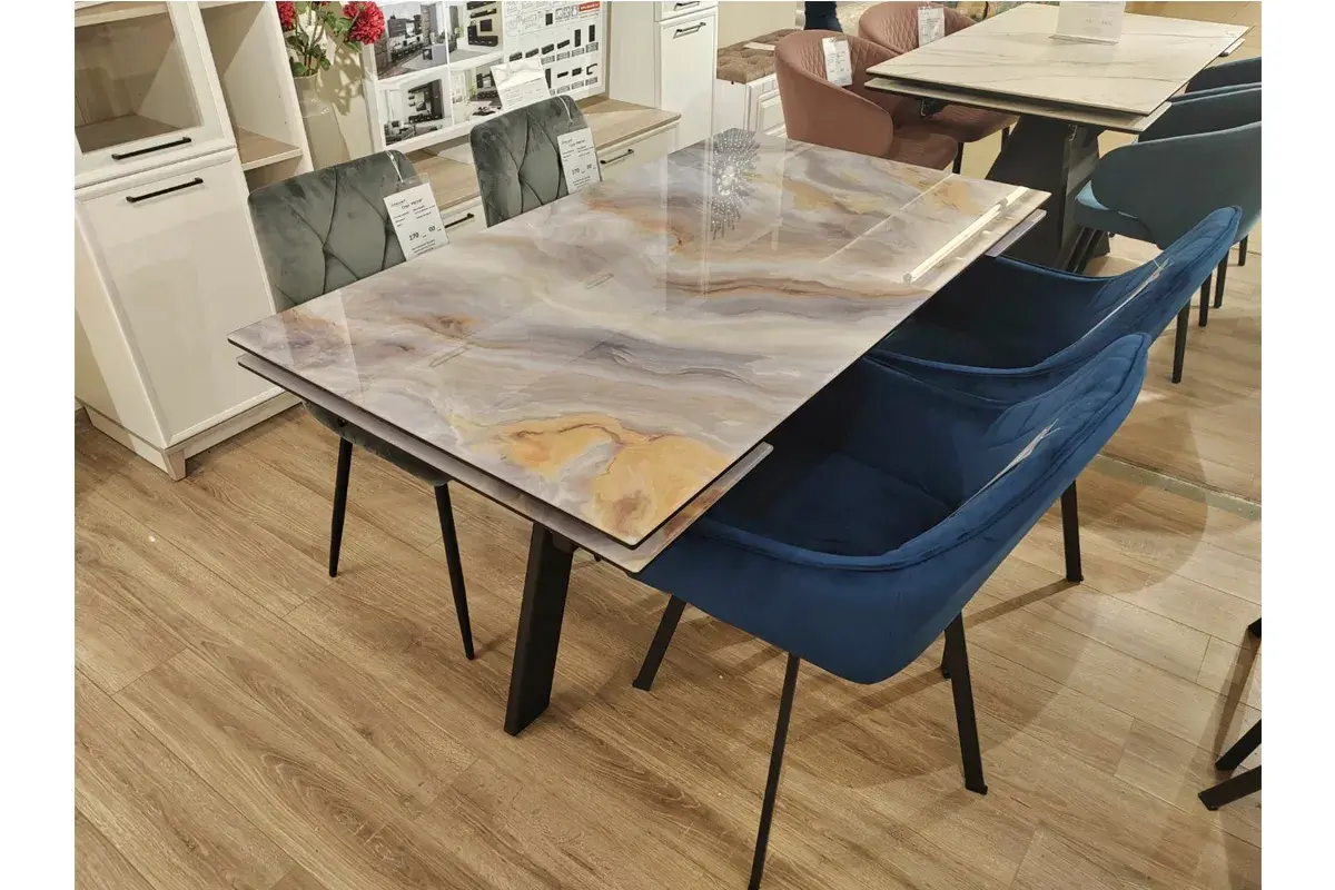 Стол обеденный Нео-2 1400(2000) (ст. №2/Стекло Оптивайт с фотопечатью Кианит/МДФ черный кварц/Черная/Металл черный) - купить в Озерце