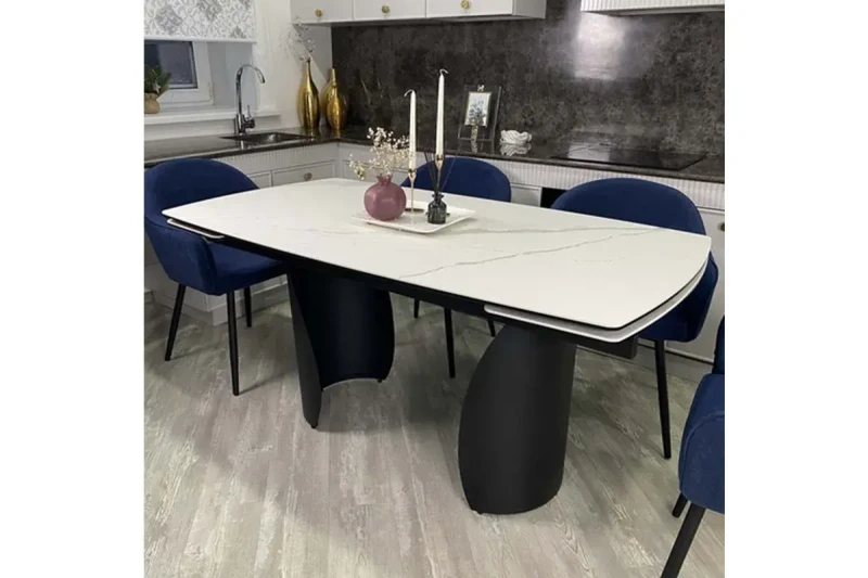 Стол обеденный Ольхон 1800(2400) (Керамика Белый мрамор 9806035/ МДФ Черный кварц / рама черная / металл черный) - купить в Озерце