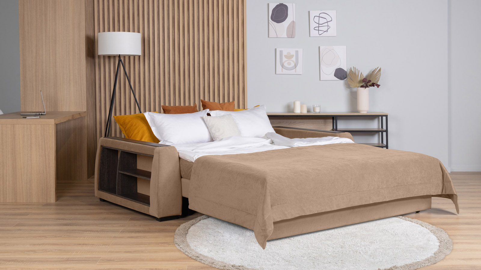 Диван - кровать Domo Pro с полками цвета венге, стежка квадрат, ткань Casanova Stone 180x216 — в мебель-центре Озерцо