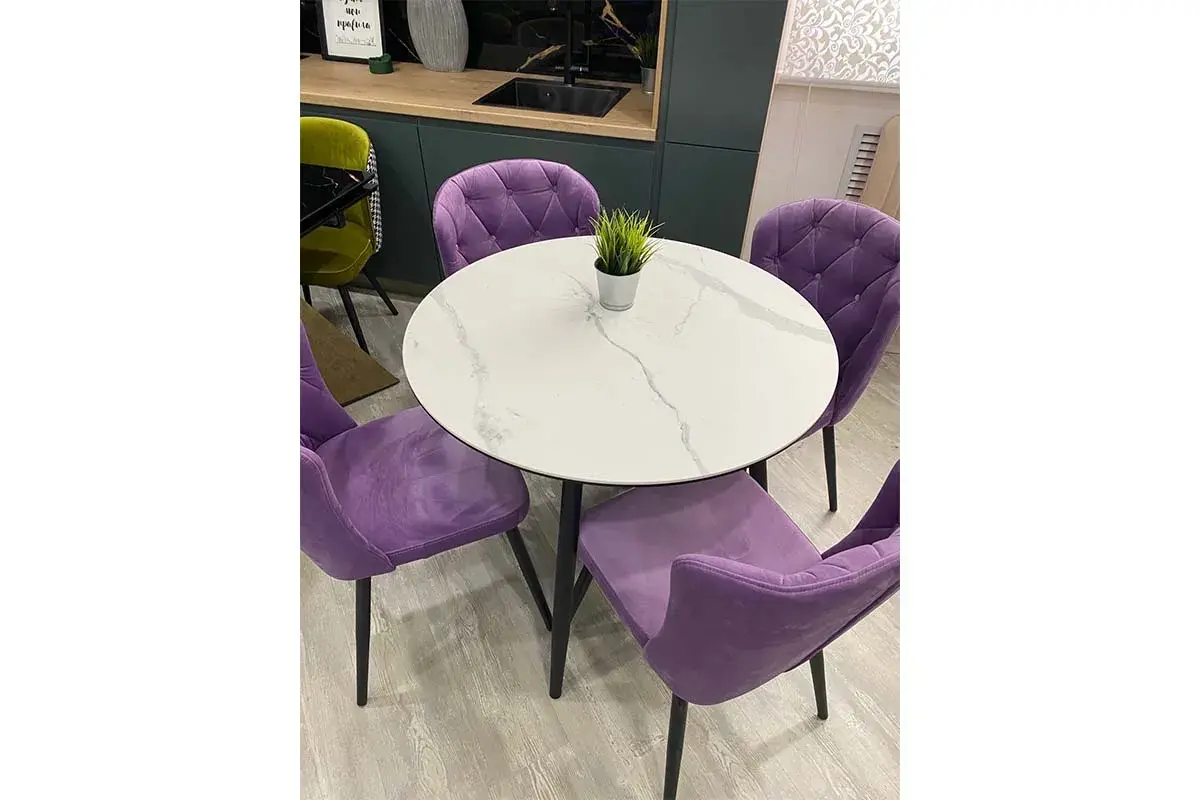 Стол обеденный Милтон 1000 (Стекло с фотопечатью Белый мрамор / МДФ Черный кварц / Металл Черный) - купить в Озерце