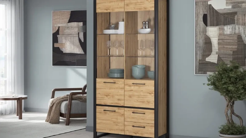 Шкаф трехдверный со стеклом и ящиками Tora 100x200, цвет Дуб наварра 40x100 — купить в Озерце