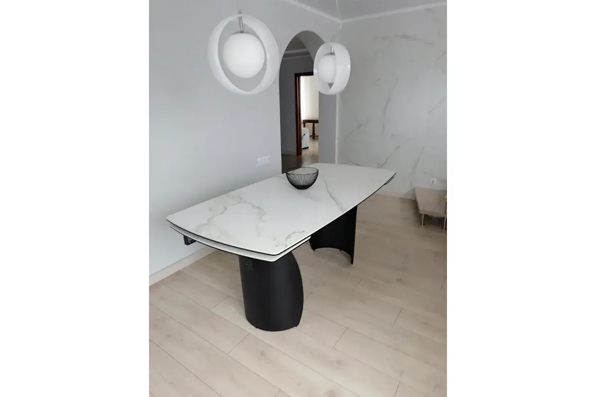 Стол обеденный Ольхон 1800(2400) (Керамика Белый мрамор 9806035/ МДФ Черный кварц / рама черная / металл черный) - купить в Озерце