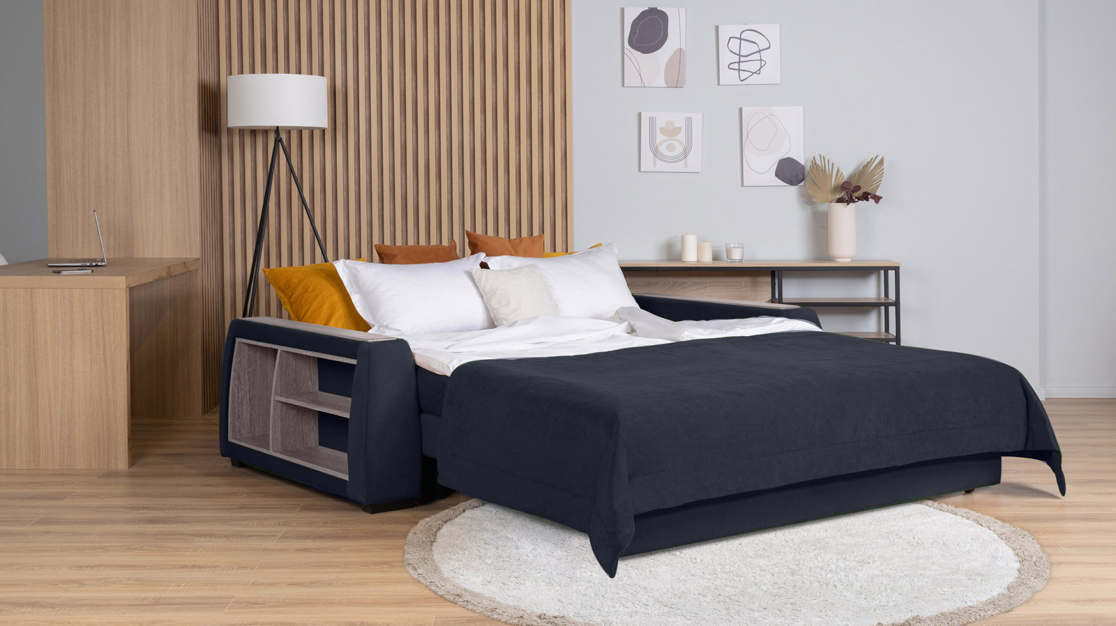 Диван - кровать Domo Pro с полками цвета ясень, стежка квадрат, ткань Casanova Scandy 140x216 — в мебель-центре Озерцо