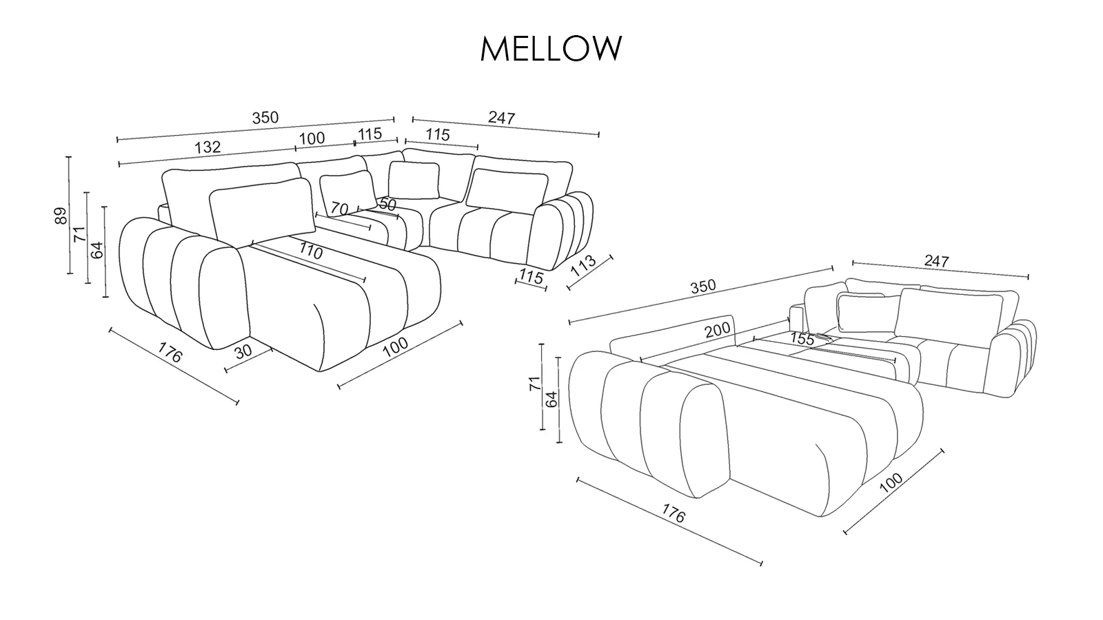 Диван -кровать П-образный Mellow-4 секц. ткань Velutto 26 247x350 — купить в Озерце