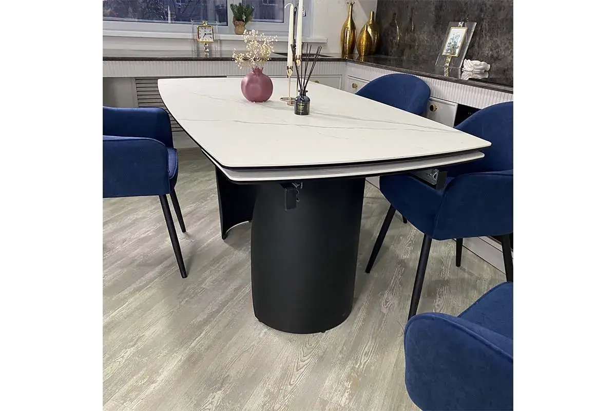 Стол обеденный Ольхон 1800(2400) (Керамика Белый мрамор 9806035/ МДФ Черный кварц / рама черная / металл черный) - купить в Озерце
