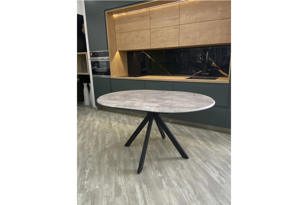 Стол обеденный Москва (d 1000/вставка 400/Бабочка/МДФ Византийский Мрамор/Металл черный) - купить в Озерце