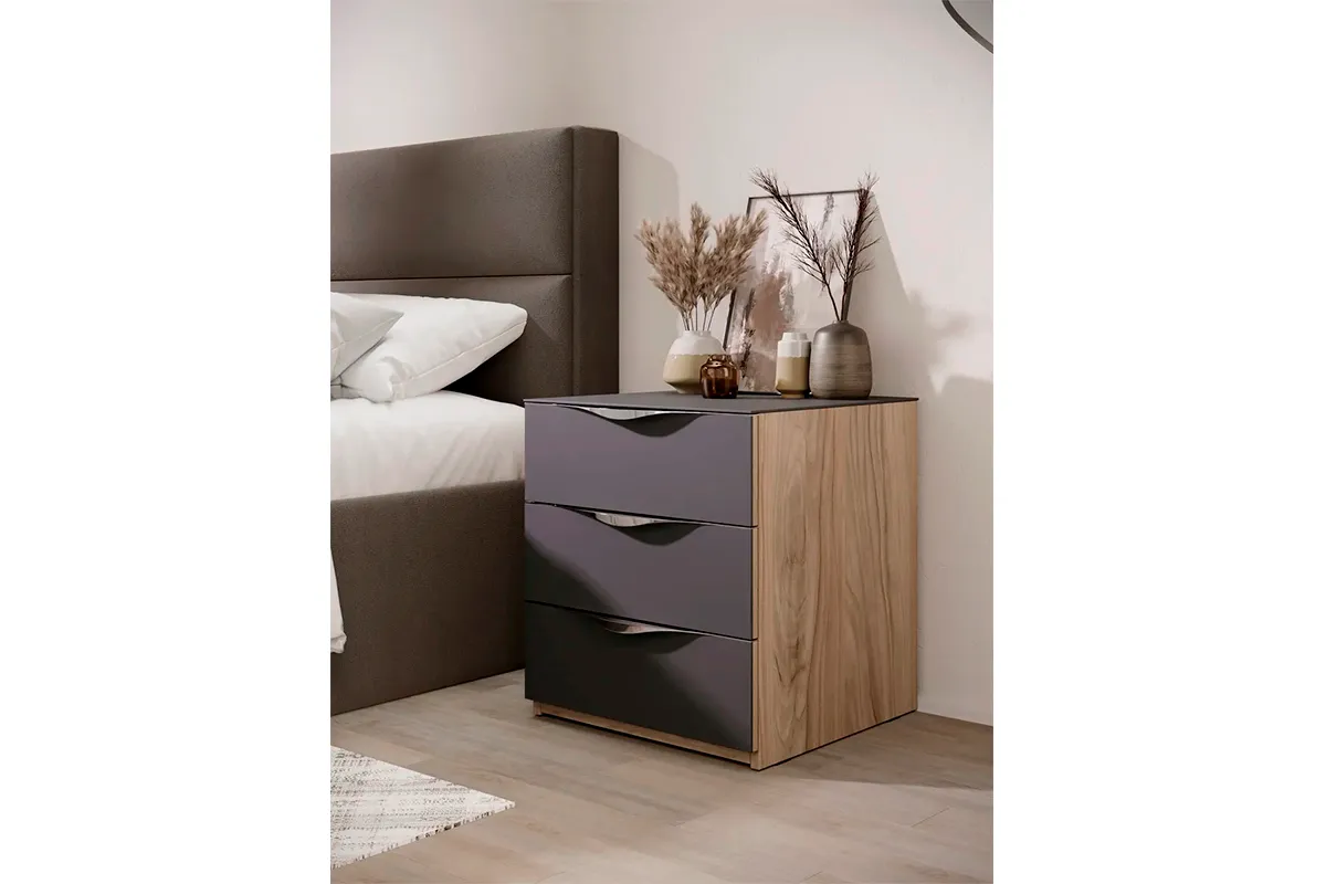 Тумба прикроватная с 3 ящиками Глосс ТД-319.03.02 (Яблоня Беллуно/Cтекло/Графит матовый) — Мебель-центр Озерцо