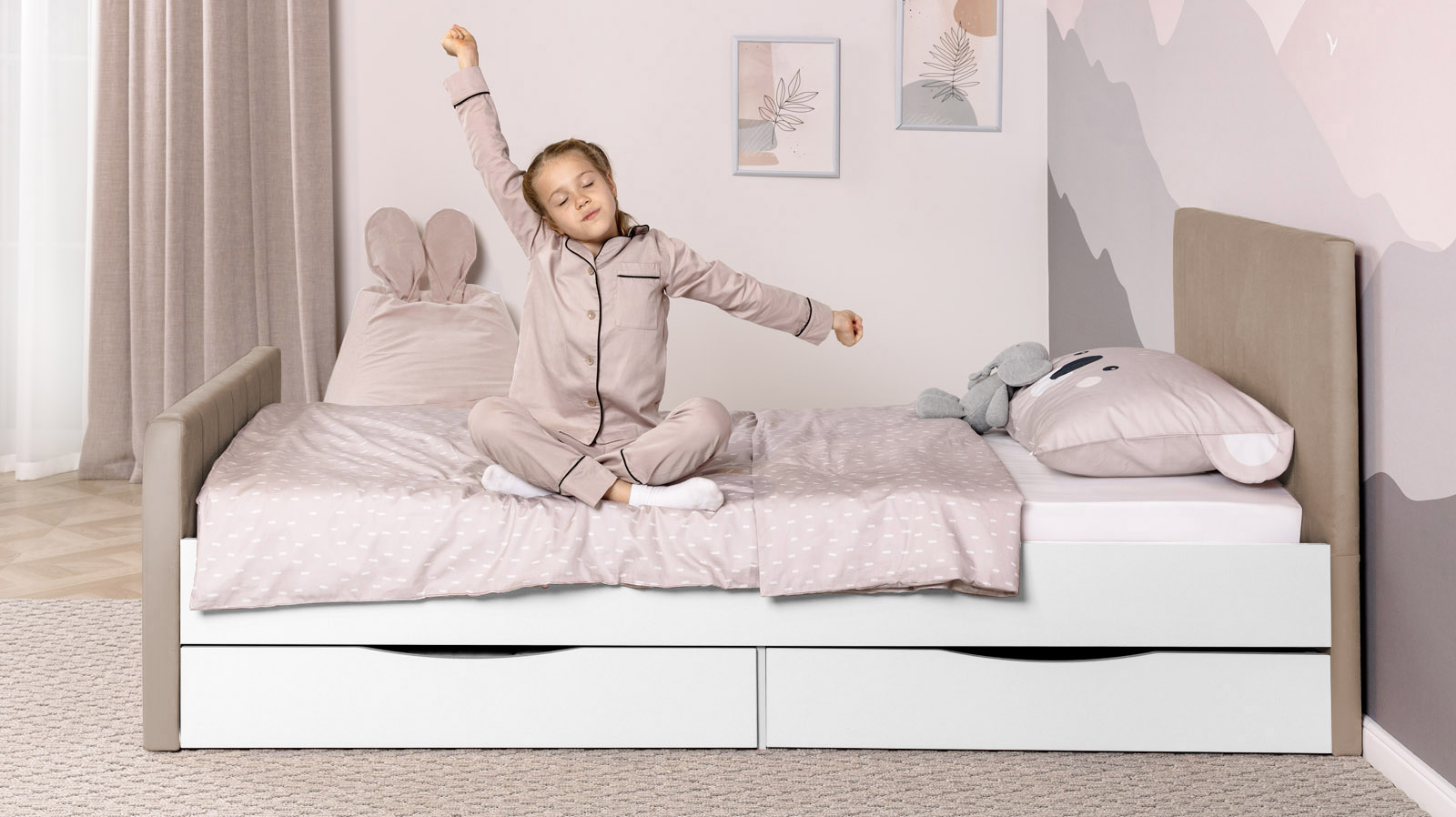 Кровать подростковая Olly, цвет: Белый базовый, Тк. Casanova Stone 90x190 - заказать на Ozerco.com Кровать подростковая Olly, цвет: Белый базовый, Тк. Casanova Stone 90x190 — Мебель-центр Озерцо