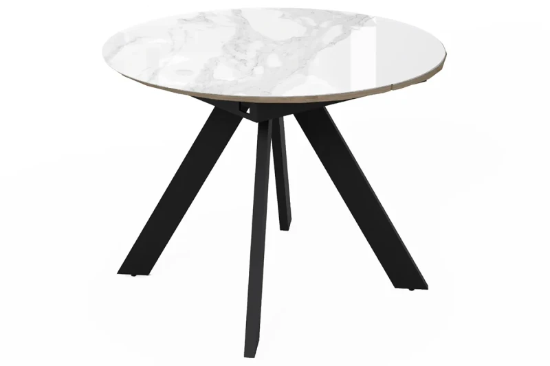 Стол обеденный Бонжур d 1000(вставка 400/Бабочка) (Стекло Оптивайт с фотопечатью Белый Мрамор/МДФ Белый/Черная/Металл черный) - купить в Озерце